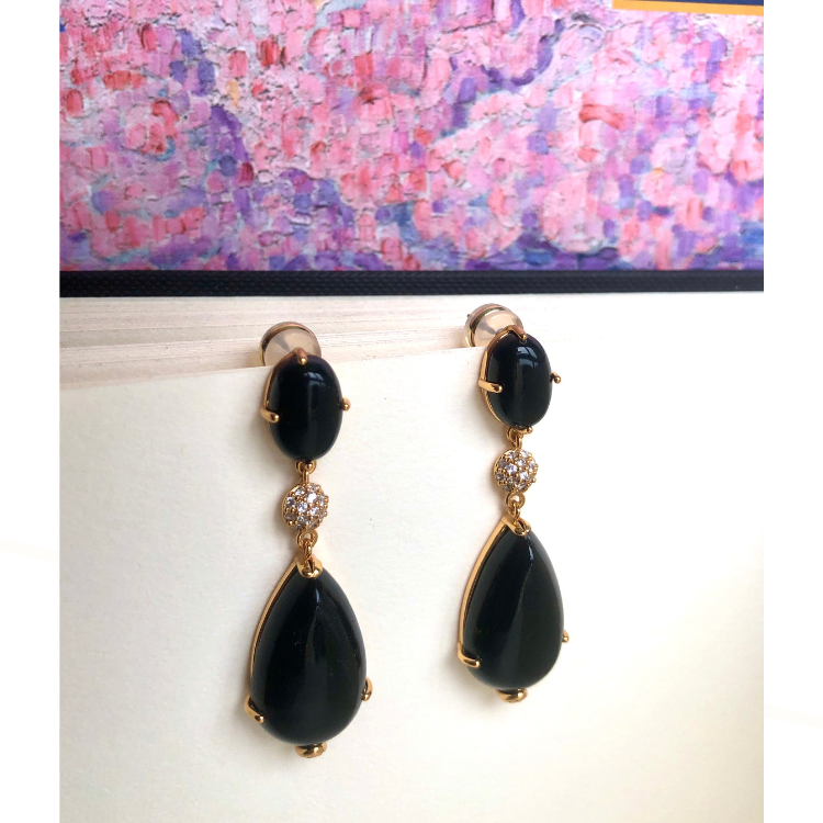Black Drop Resin Earrings – Gold-Plated with Pavé Crystals
