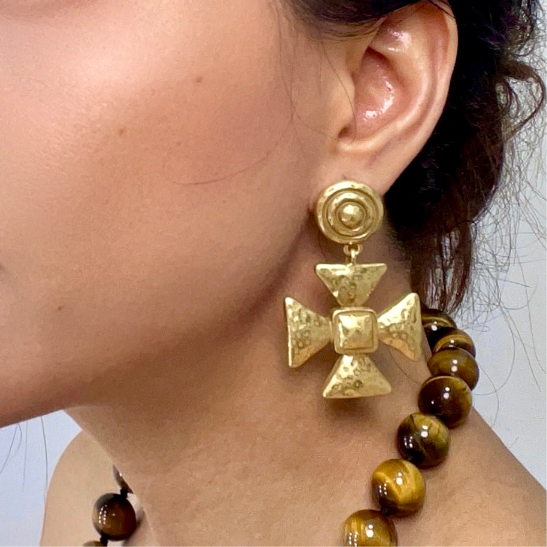 Antique Cross Drop Earrings in Vintage Gold Finish