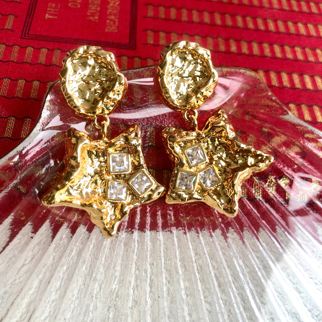 Vintage Molten Star Drop Earrings in 24K Gold Plating