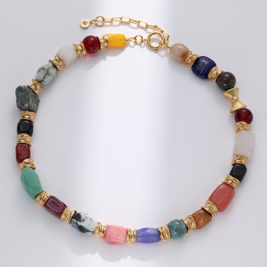 Tropical Mosaic Natural Stone Beaded Necklace – 24K Gold-Plated Brass