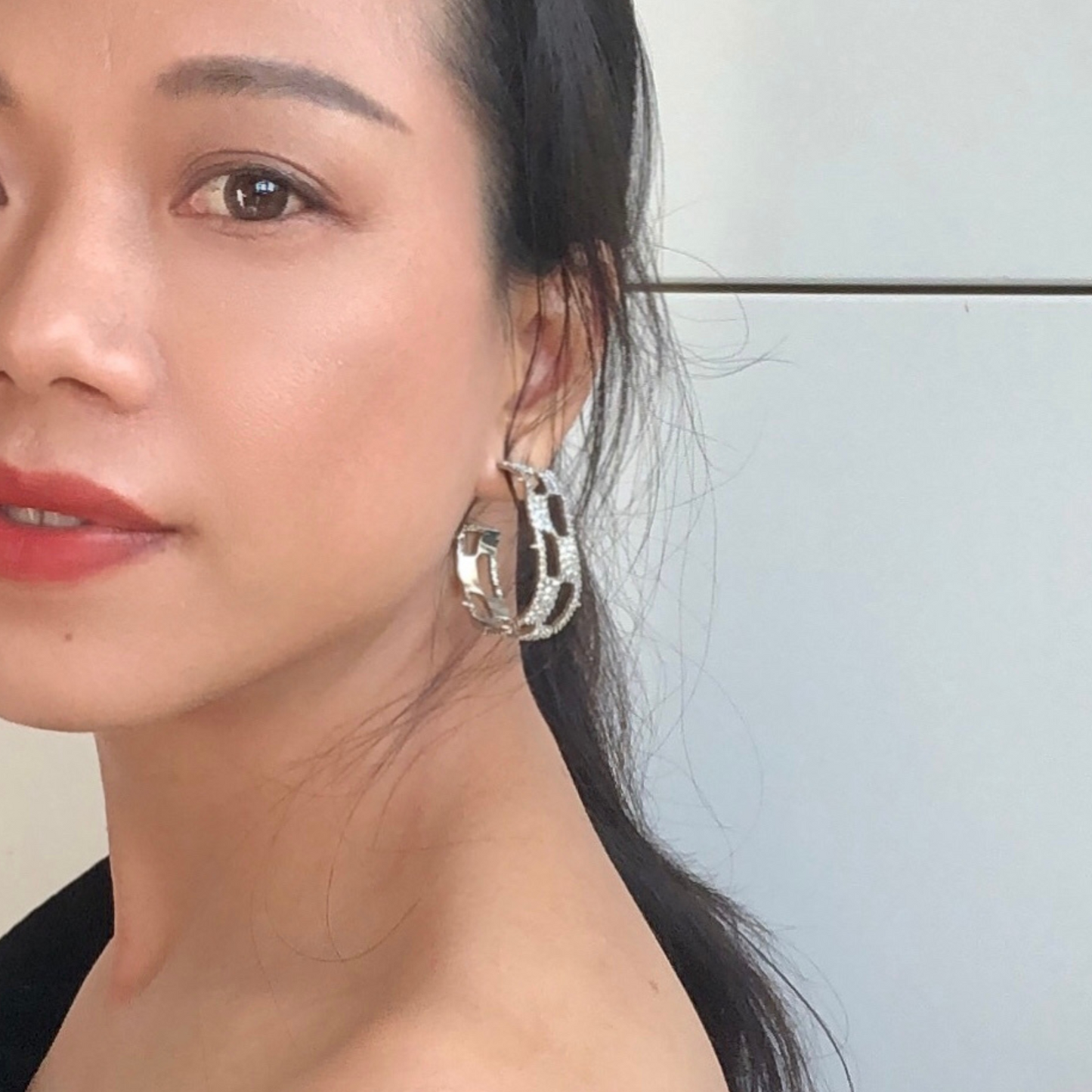 Silver Plated Geometric Pavé Hoop Earrings with Art Deco Detailing
