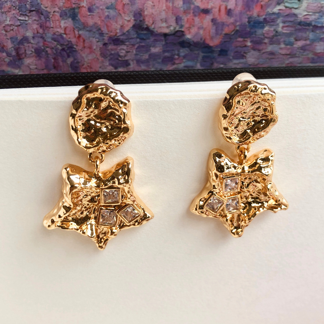 Vintage Molten Star Drop Earrings in 24K Gold Plating