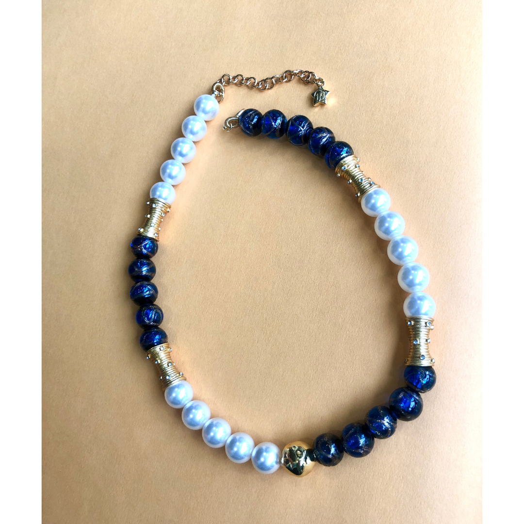 Cobalt Glass & Pearl 24K Gold-Plated Collar Necklace