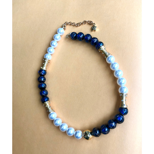 Cobalt Glass & Pearl 24K Gold-Plated Collar Necklace