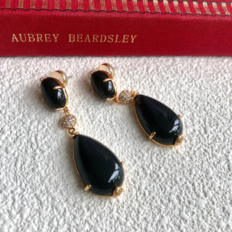 Black Drop Resin Earrings – Gold-Plated with Pavé Crystals
