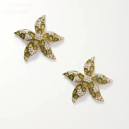 Vintage Enamel Jelly Starfish Stud Earrings with 14K Gold Finish