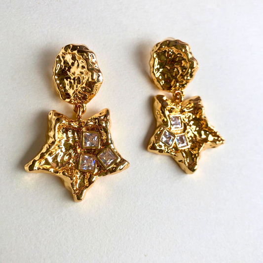 Vintage Molten Star Drop Earrings in 24K Gold Plating