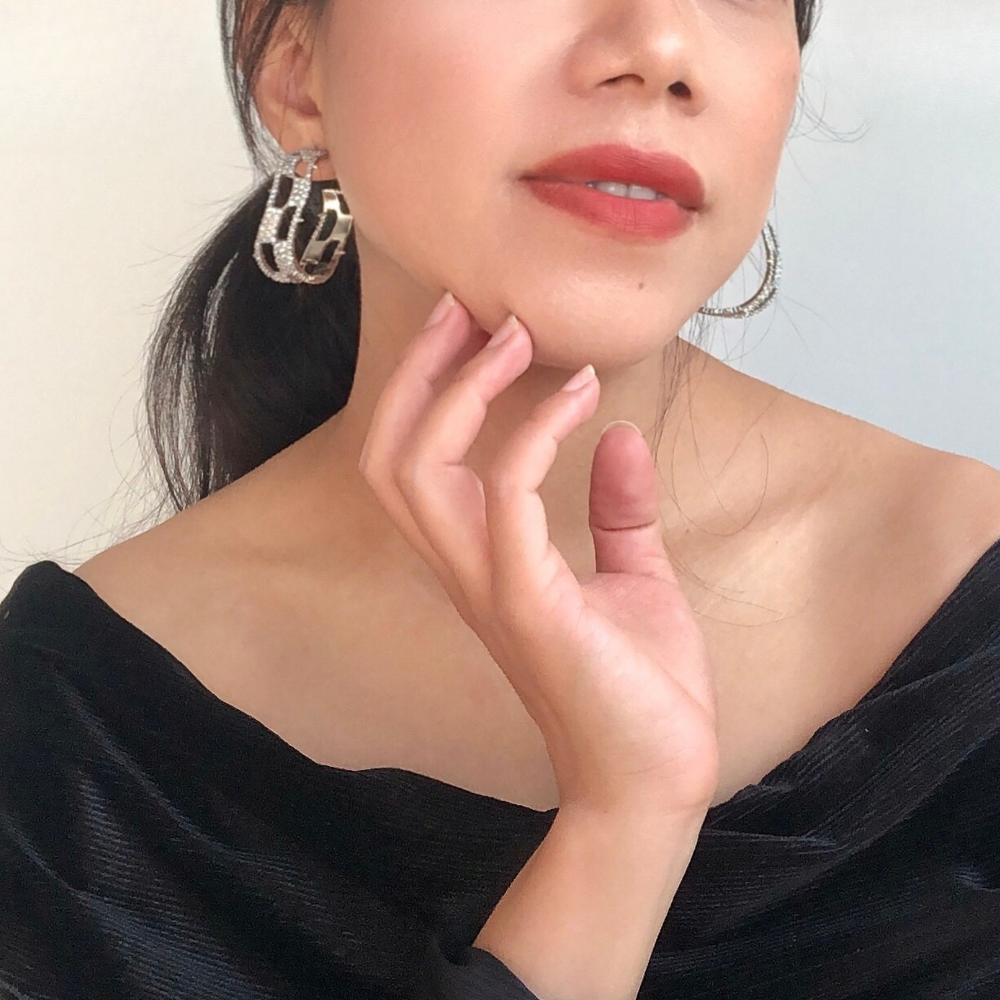 Silver Plated Geometric Pavé Hoop Earrings with Art Deco Detailing
