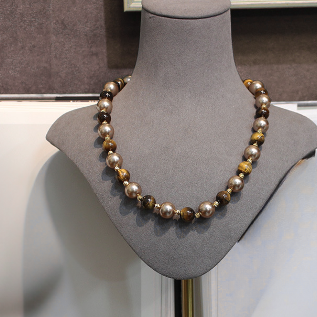 Vintage Tiger Eye &amp; Pearl Beaded Necklace with Magnetic Clasp