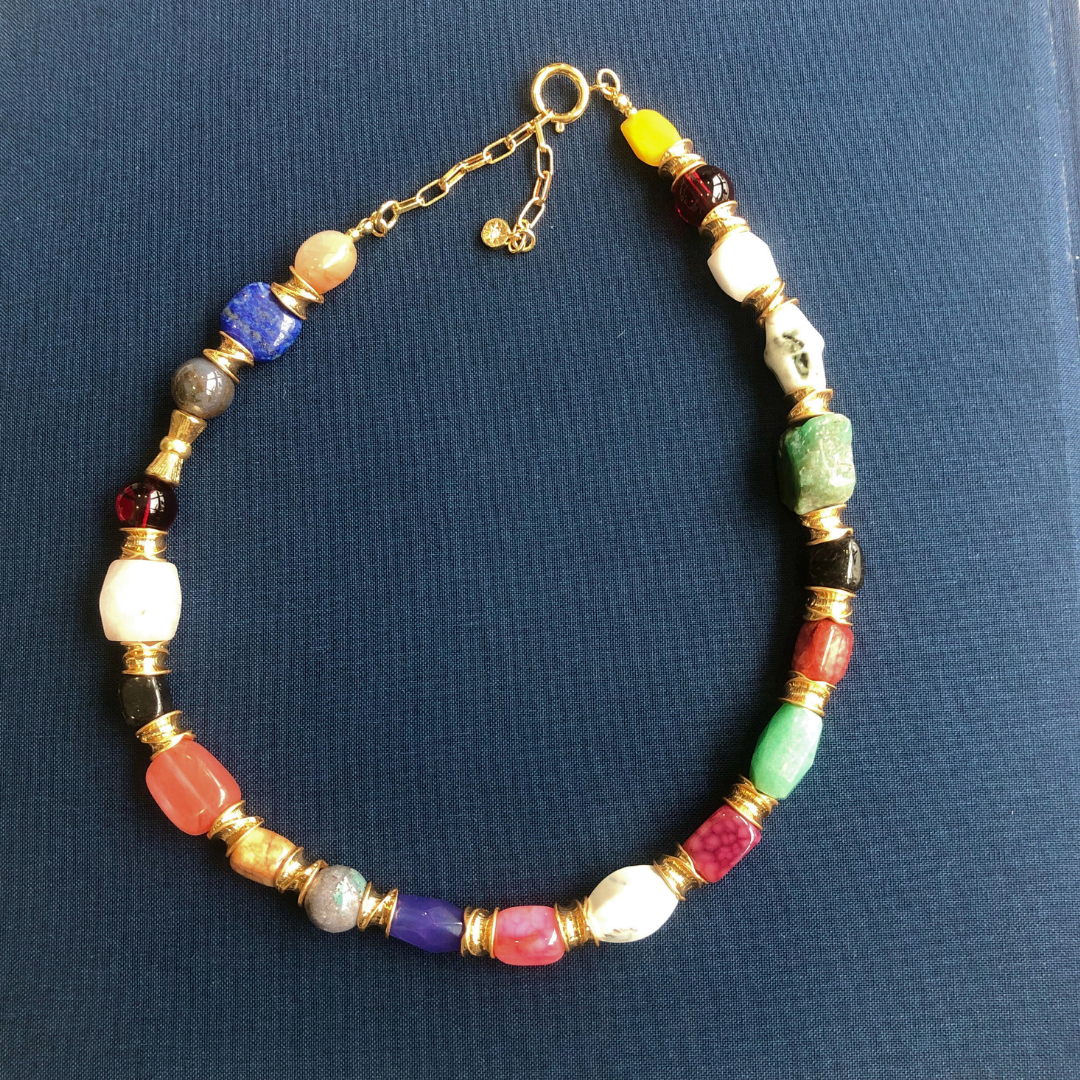 Tropical Mosaic Natural Stone Beaded Necklace – 24K Gold-Plated Brass