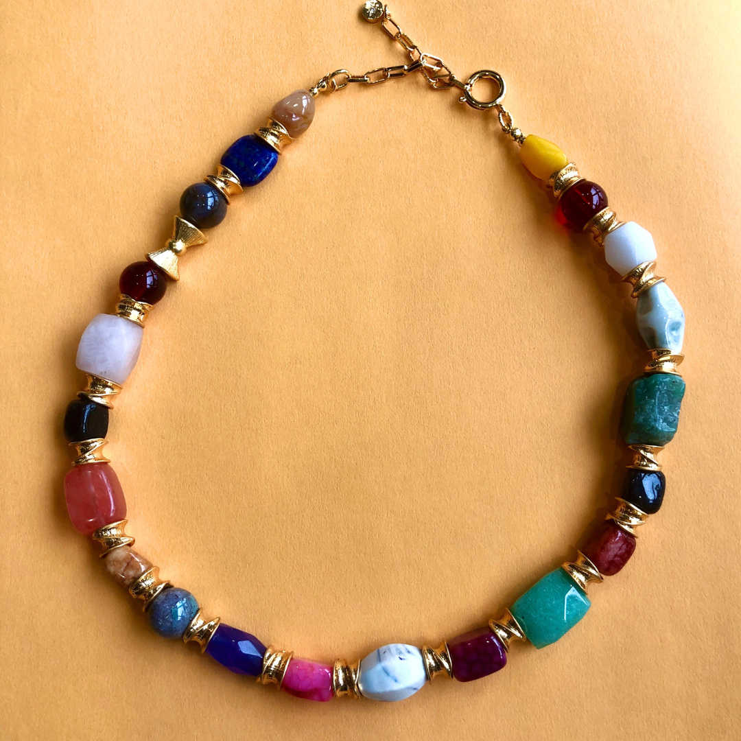 Tropical Mosaic Natural Stone Beaded Necklace – 24K Gold-Plated Brass