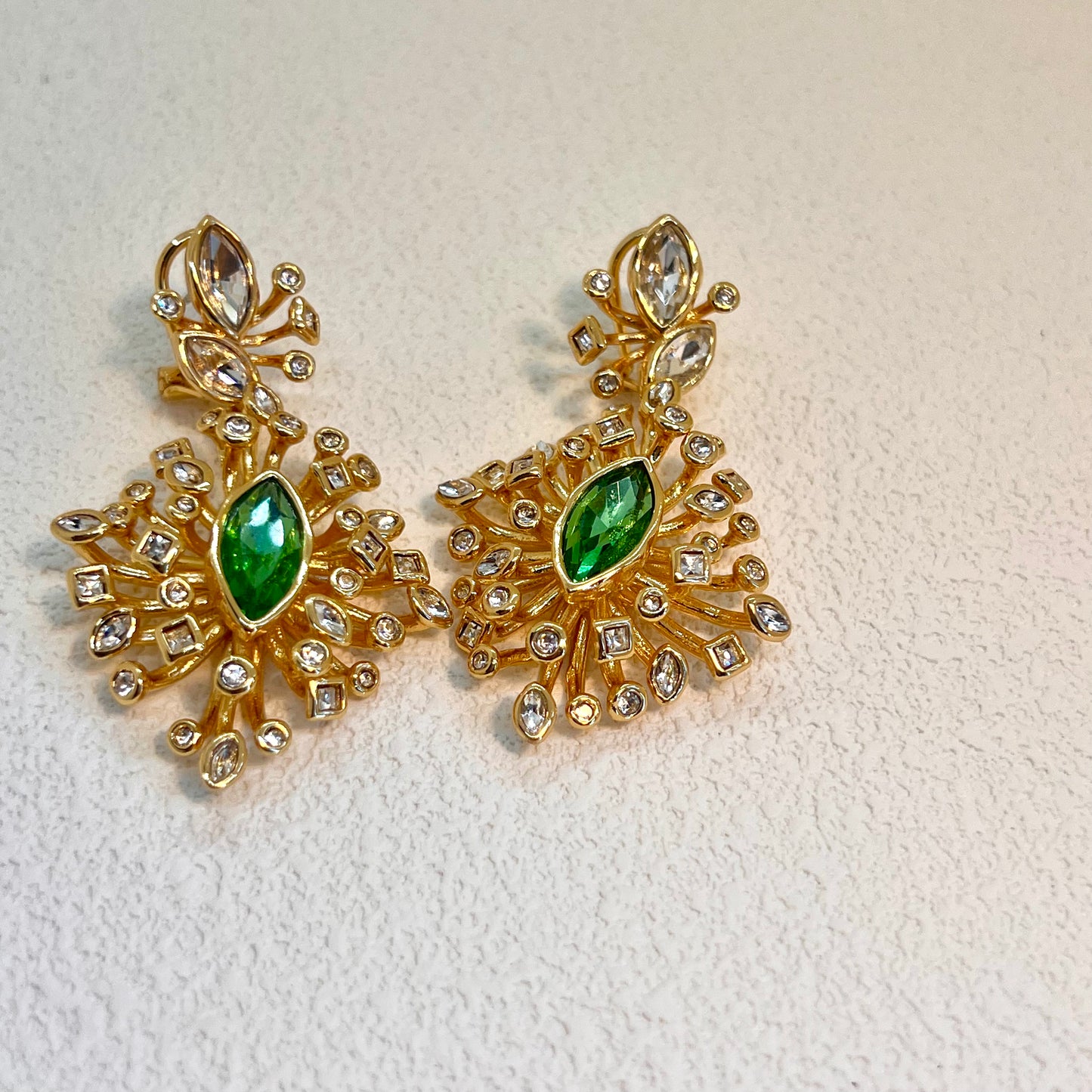 Navette Crystal Bloom Drop Earrings – Gold & Green