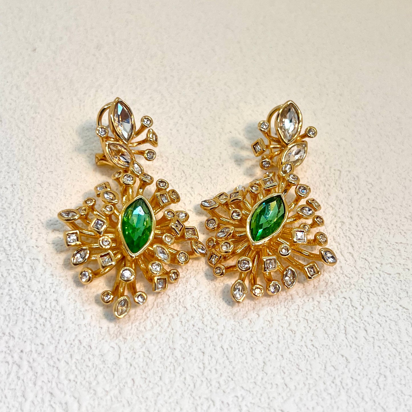 Navette Crystal Bloom Drop Earrings – Gold & Green