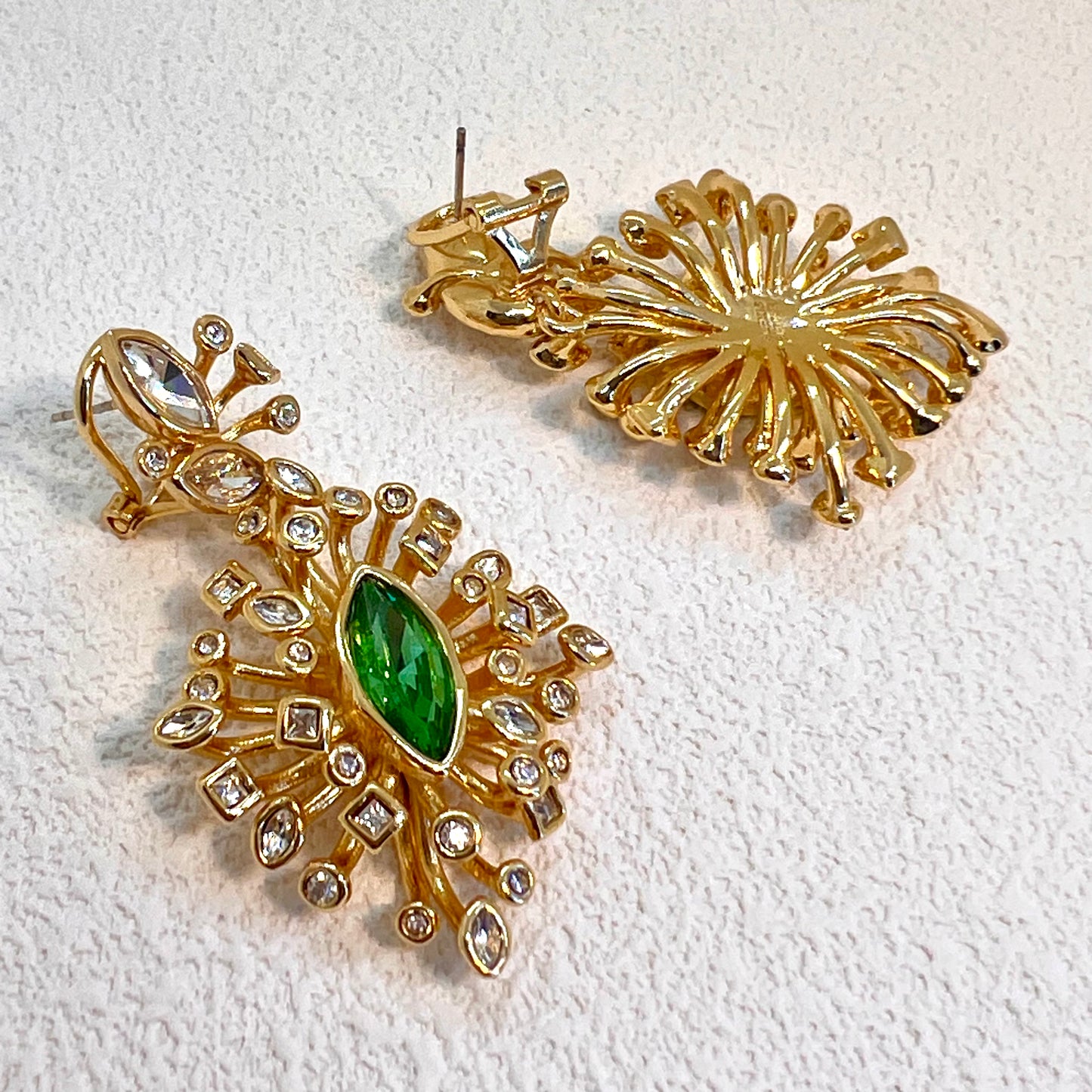 Navette Crystal Bloom Drop Earrings – Gold & Green
