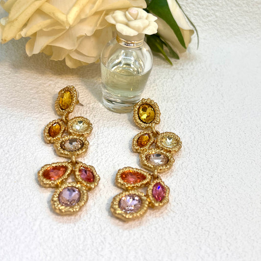 Vintage Gold Long Vine Earrings with Multicolor Gemstones