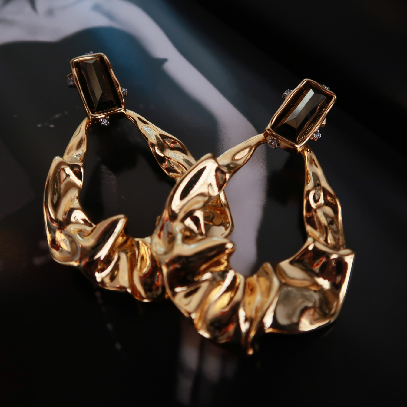 Cognac Gemstone Folded Gold Statement Earrings