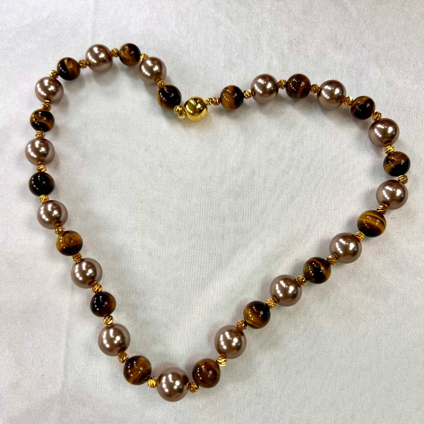 Vintage Tiger Eye &amp; Pearl Beaded Necklace with Magnetic Clasp