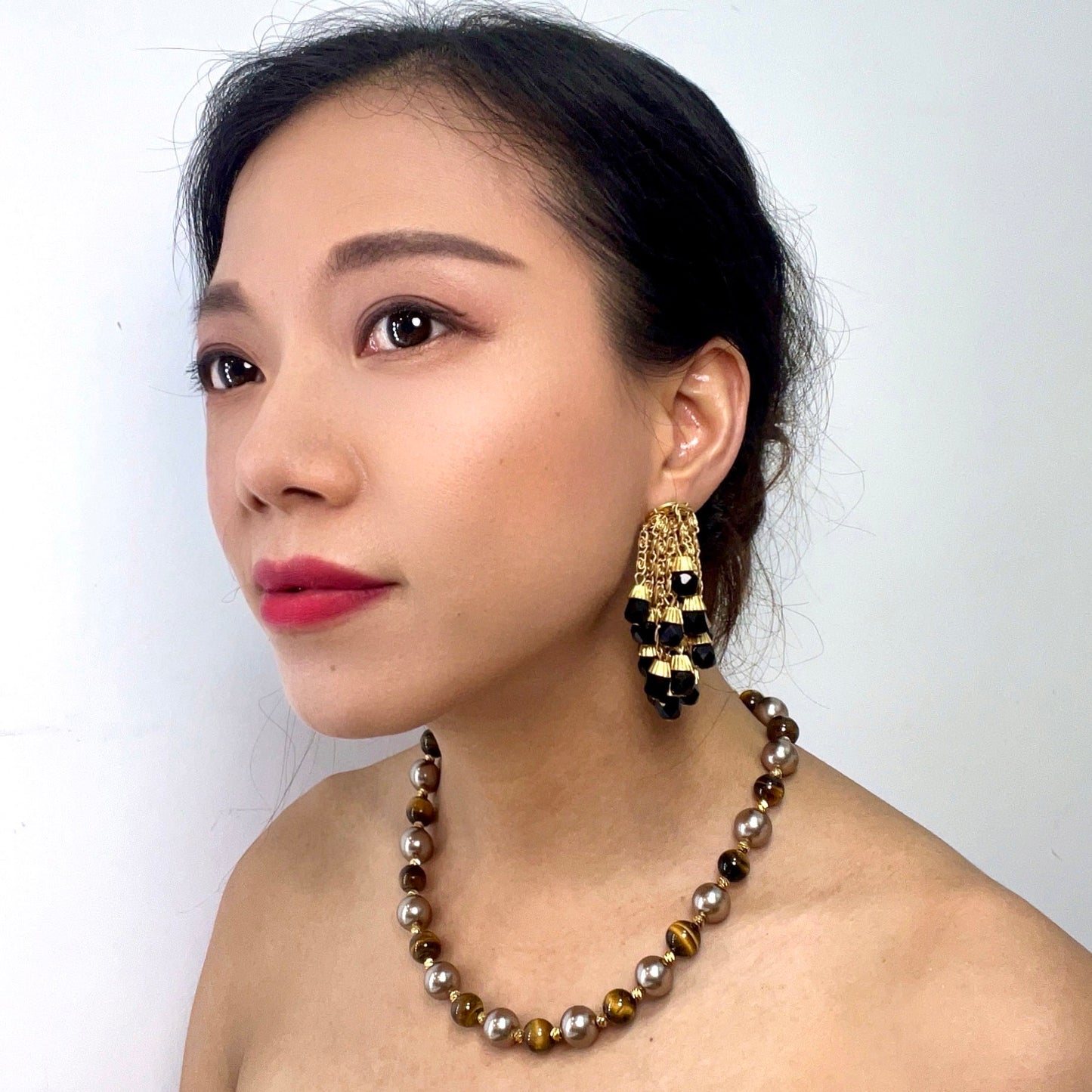 Vintage Tiger Eye &amp; Pearl Beaded Necklace with Magnetic Clasp