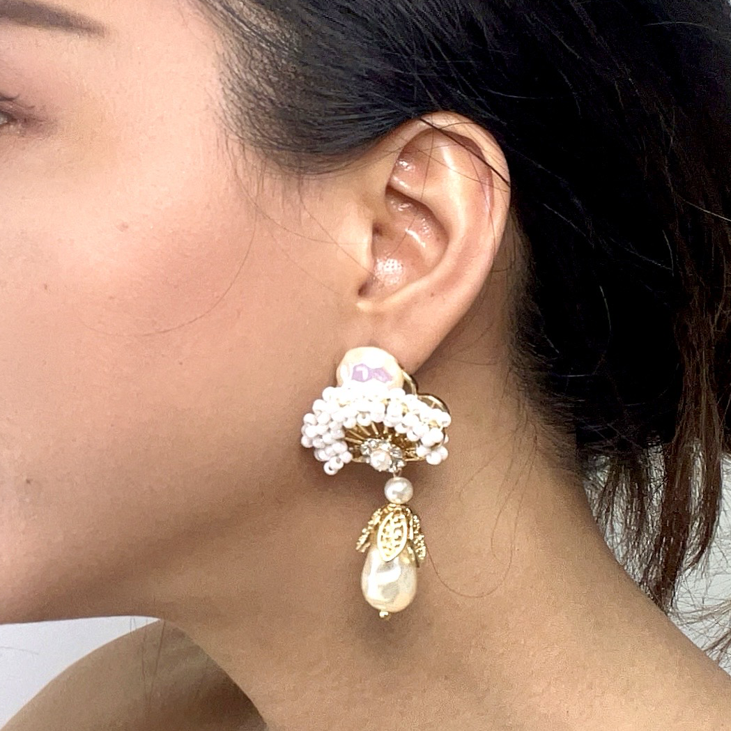 Rococo Pearl Fan Earrings – Hand-Beaded with Baroque Drop