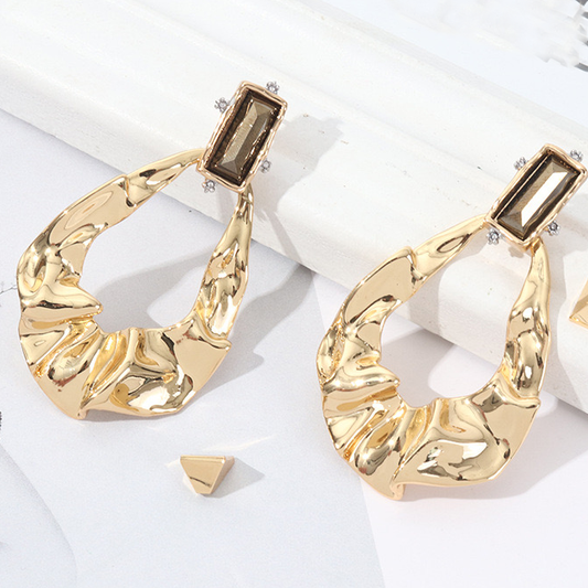 Cognac Gemstone Folded Gold Statement Earrings