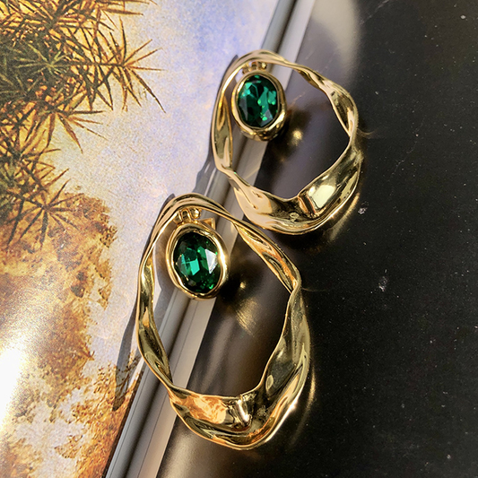 Baroque Twist Oval Earrings with Green Gemstone