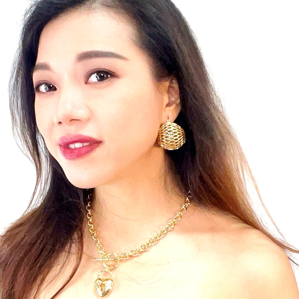 Gilded Woven Grid Statement Ball Earrings