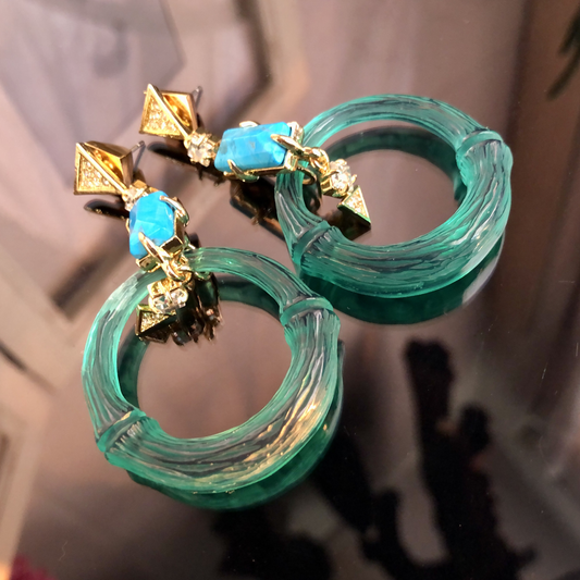 Art Nouveau Jade Green Resin &amp; Turquoise Earrings