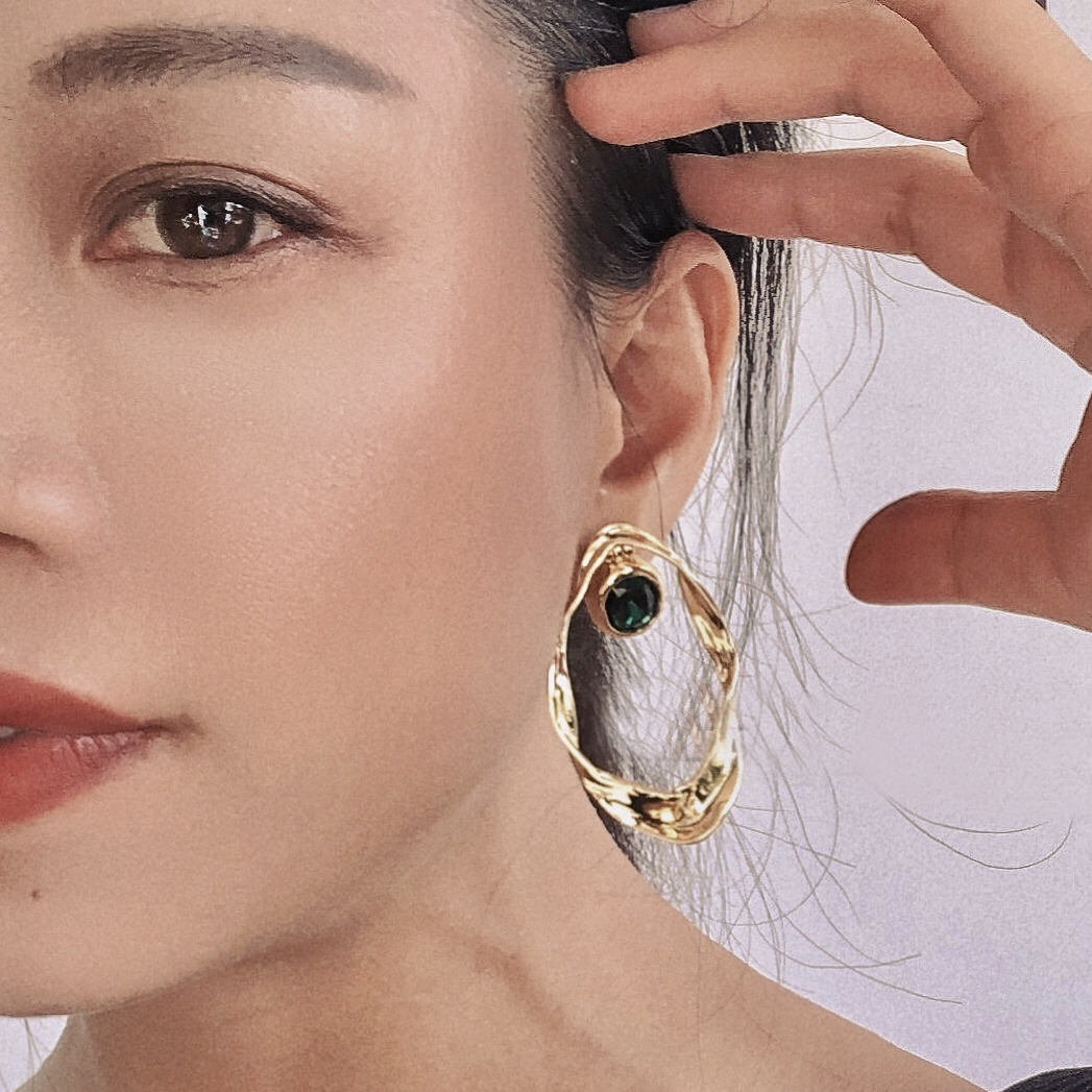 Baroque Twist Oval Earrings with Green Gemstone
