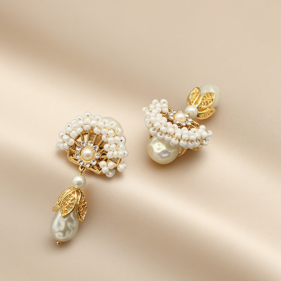 Rococo Pearl Fan Earrings – Hand-Beaded with Baroque Drop