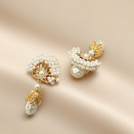 Rococo Pearl Fan Earrings – Hand-Beaded with Baroque Drop