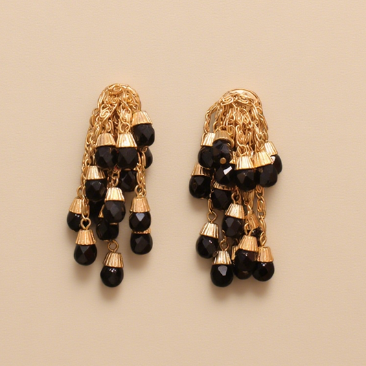 Midnight Cascade Black Crystal Tassel Earrings